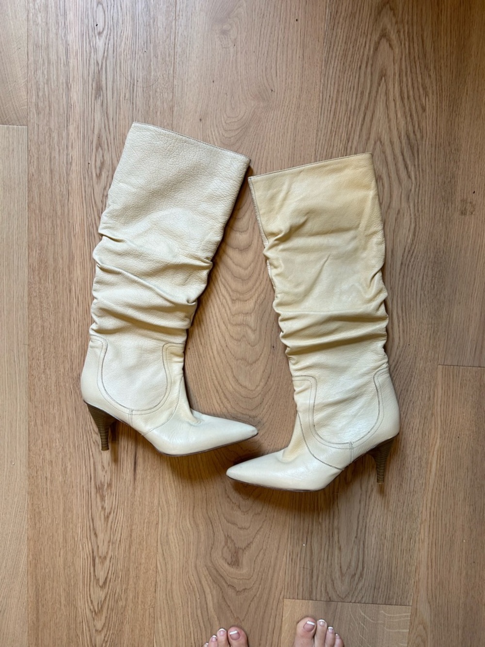Women's Cream Slouch Leather Knee-High Boots